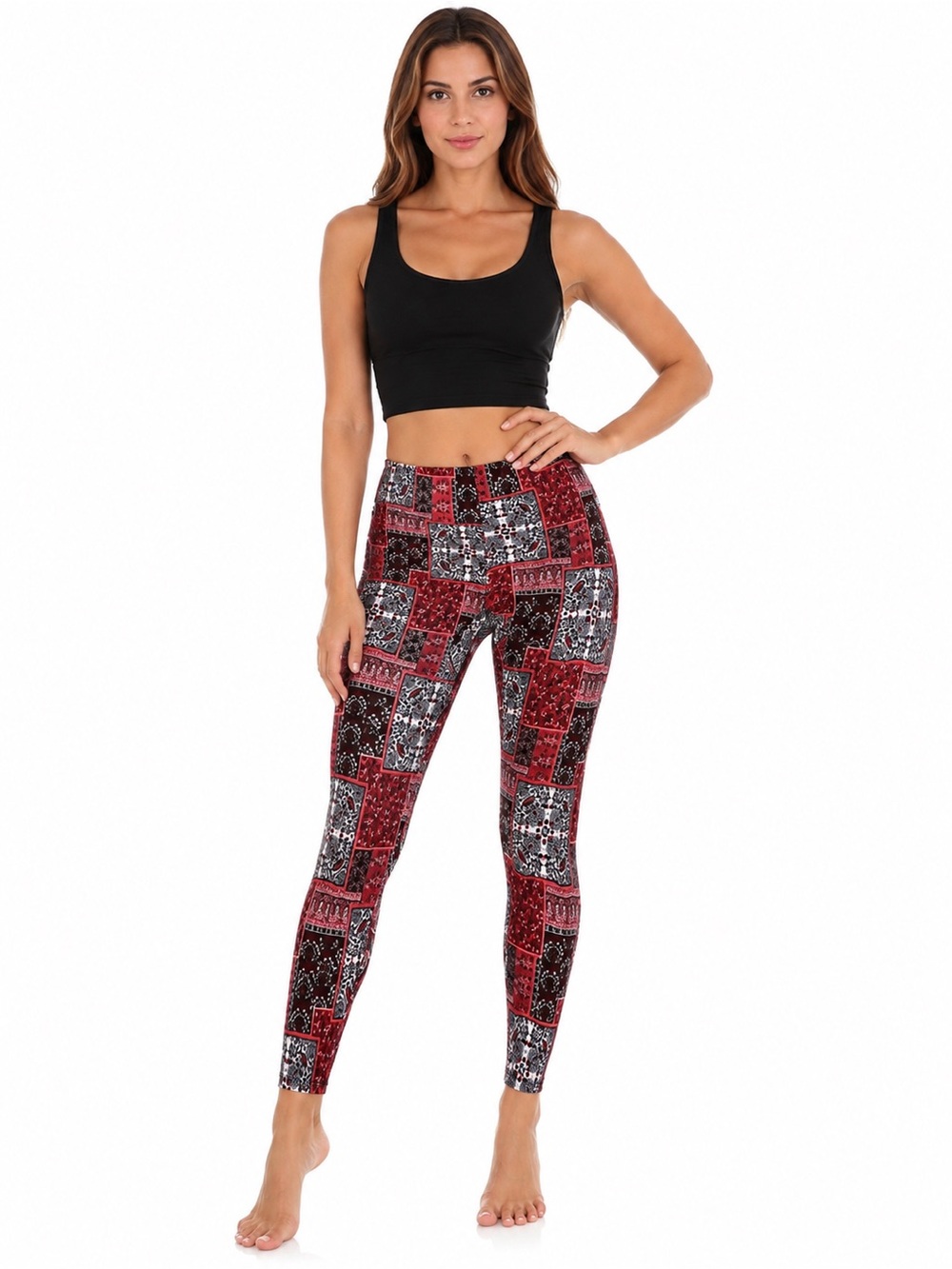 Bobbie Brooks Women’s Red Patchwork Floral Leggings Size Large